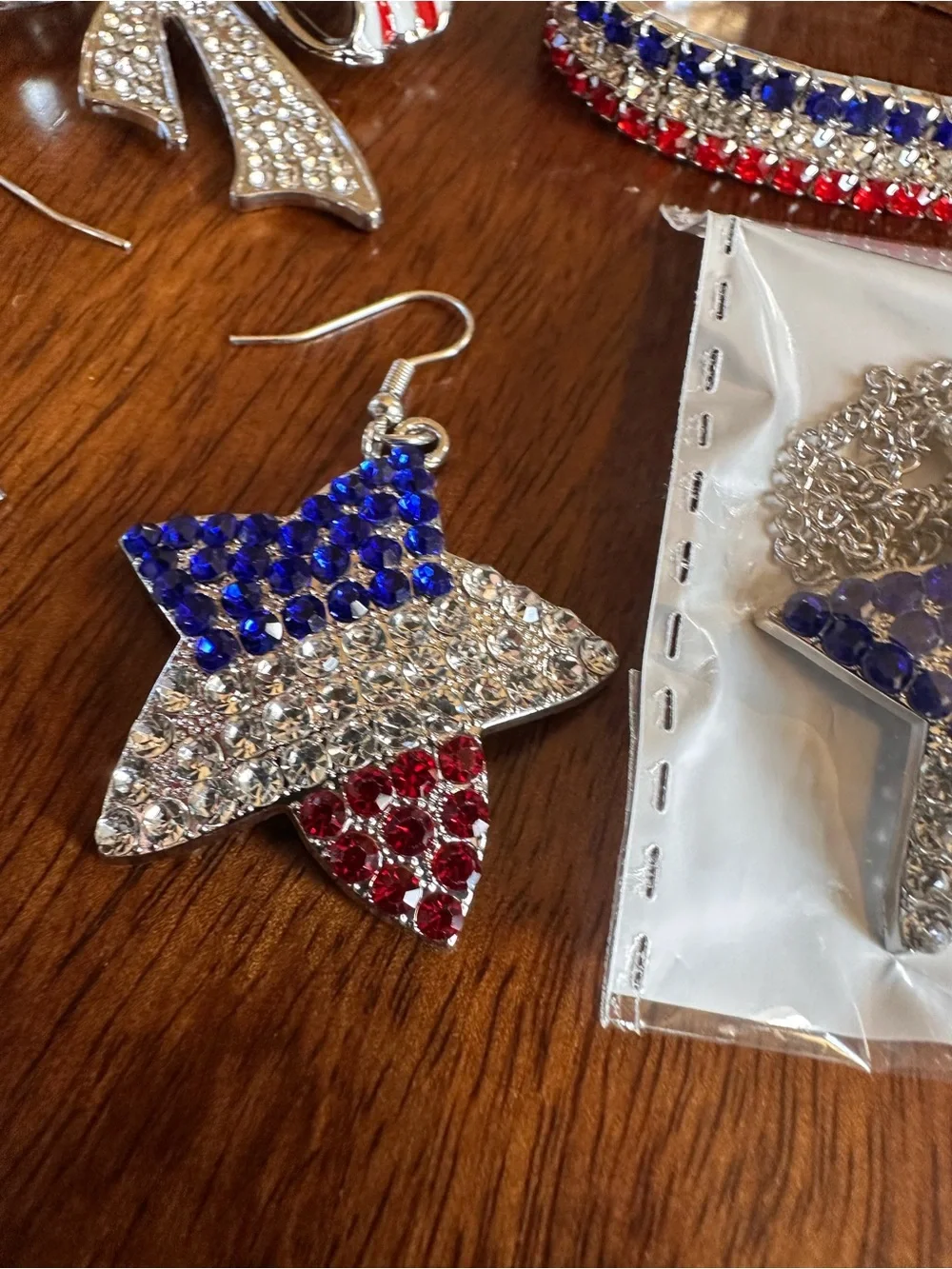 Patriotic Red, White & Blue Star Earrings, Necklace, Pin, and Bracelet